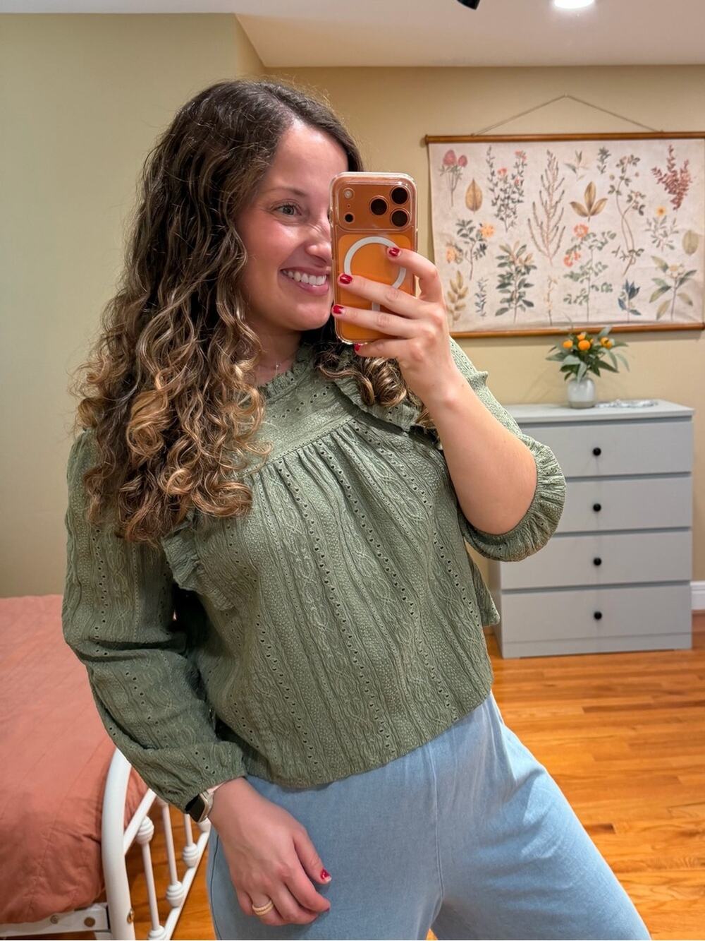 Mango Olive Green Eyelet Long-Sleeve Top XS